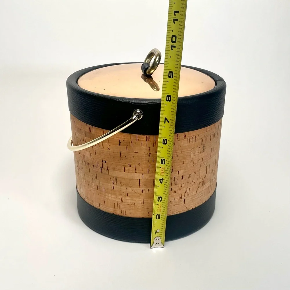 Vintage Kraftware Cork, Faux Black Leather & Gold Ice Bucket 8” With Box MCM